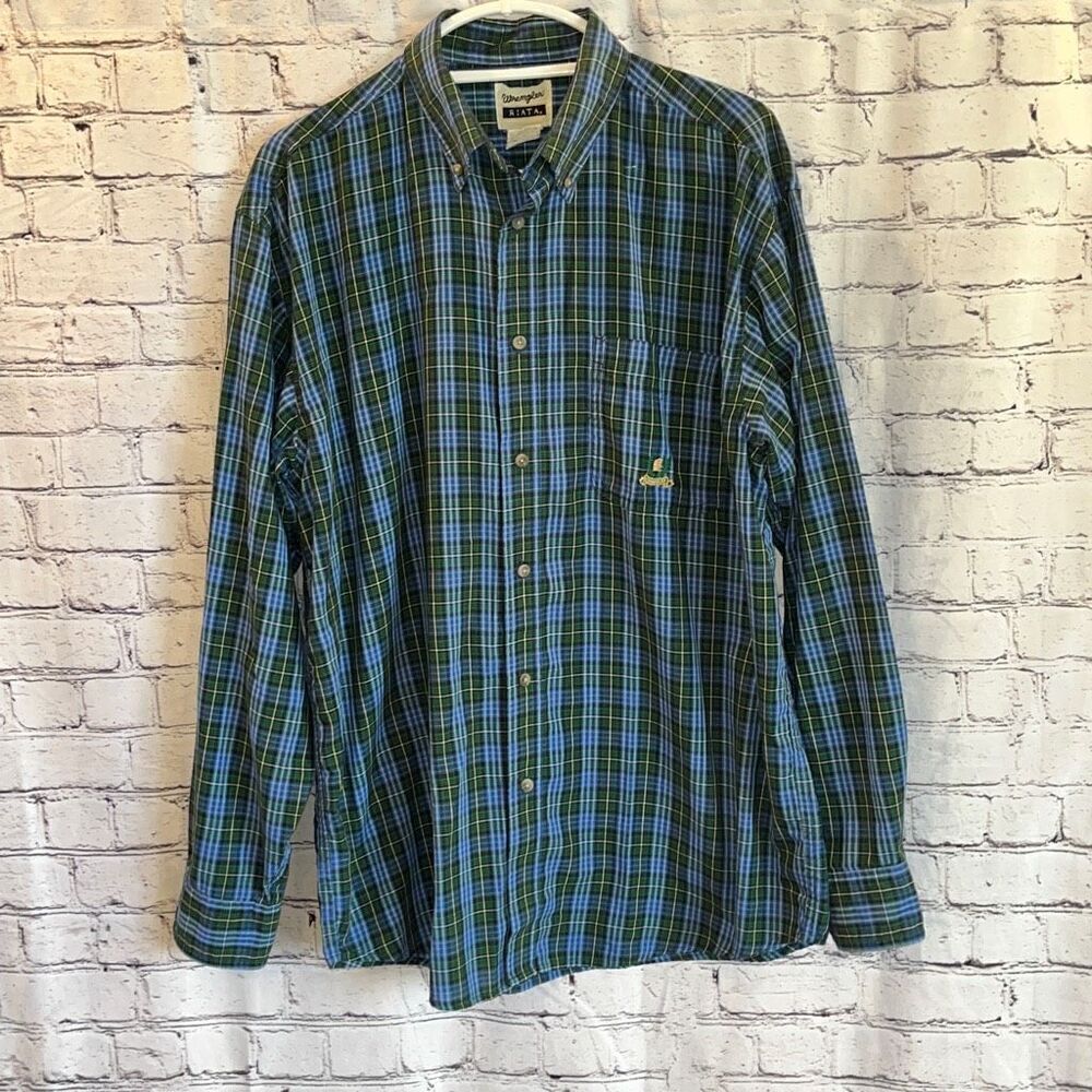 Wrangler RIATA Blue Green Plaid Long Sleeve Button Down Shirt XL